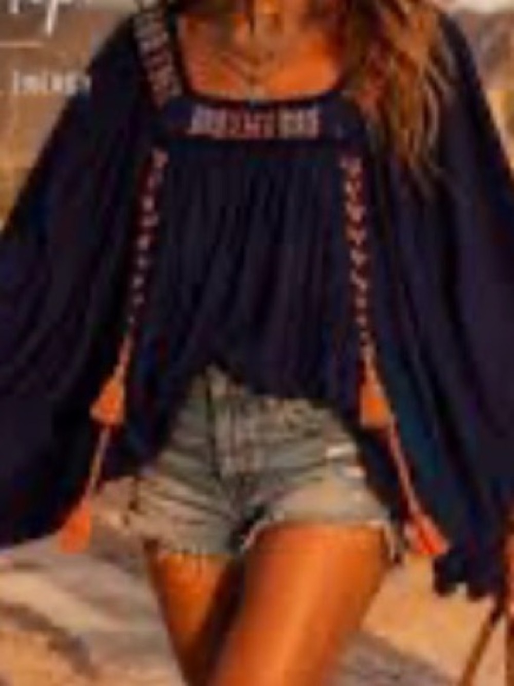 Boho Navy Embroidered Peasant Tunic with Tassel Details